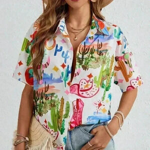 White Casual Women's Vacation Doodle Print Regular Fit Shirt